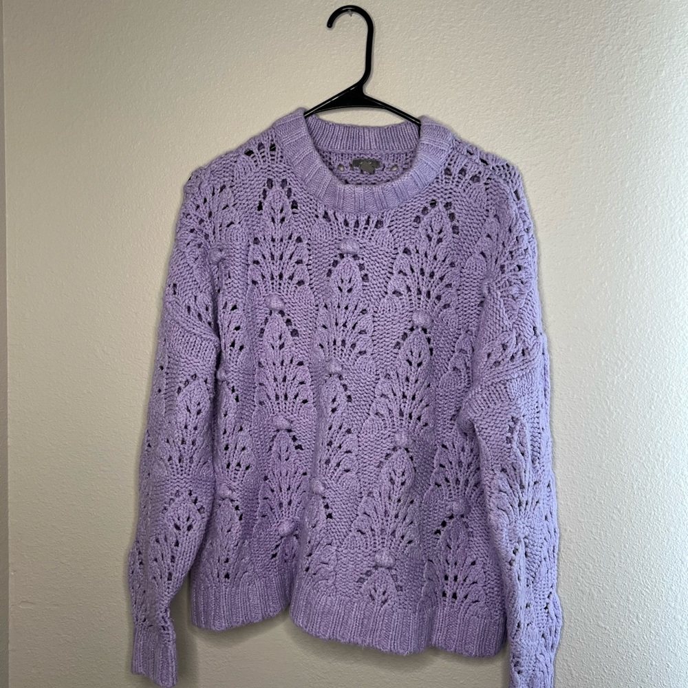 Aerie Purple Crew Neck Sweater with Intricate Openwork Design